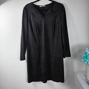 Laundry by Design Black Suede Like‎ V-Neck Embellished Long Sleeve Dress Size 10